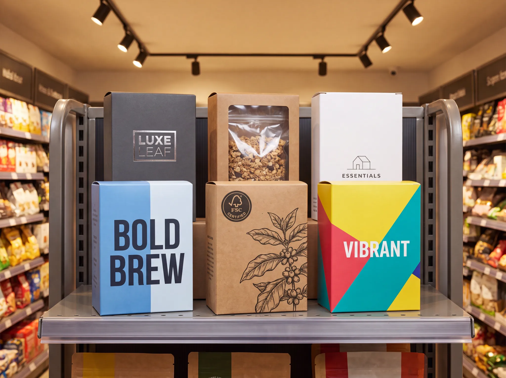 Retail packaging design trends 2026 UK shelf display six contemporary box designs custom retail packaging UK | Wabs Print