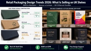 Split-screen featured image showing on the left three retail packaging board surface samples labelled Aqueous Matte Green RAM, FSC Kraft Verified Eco Claim, and Soft-Touch Amber RAM from October 2026 with trend direction arrows, and on the right a retail gondola shelf with six branded folding carton boxes in contemporary designs across cosmetics food and health categories. Top banner reads Retail Packaging Design Trends 2026 What Is Selling on UK Shelves with subtitle RAM Eco-Modulation Aqueous vs Laminate GS1 2D Barcode Transition. Bottom badges: Real UK Shelf Data Not Mood Boards, RAM and EPR Cost Impact Explained, Free Design Support and Free UK Shipping. Wabs Print