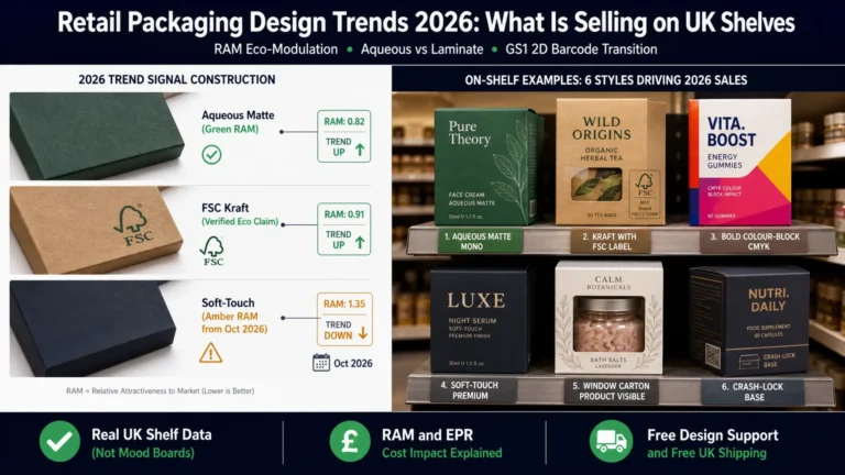 Split-screen featured image showing on the left three retail packaging board surface samples labelled Aqueous Matte Green RAM, FSC Kraft Verified Eco Claim, and Soft-Touch Amber RAM from October 2026 with trend direction arrows, and on the right a retail gondola shelf with six branded folding carton boxes in contemporary designs across cosmetics food and health categories. Top banner reads Retail Packaging Design Trends 2026 What Is Selling on UK Shelves with subtitle RAM Eco-Modulation Aqueous vs Laminate GS1 2D Barcode Transition. Bottom badges: Real UK Shelf Data Not Mood Boards, RAM and EPR Cost Impact Explained, Free Design Support and Free UK Shipping. Wabs Print