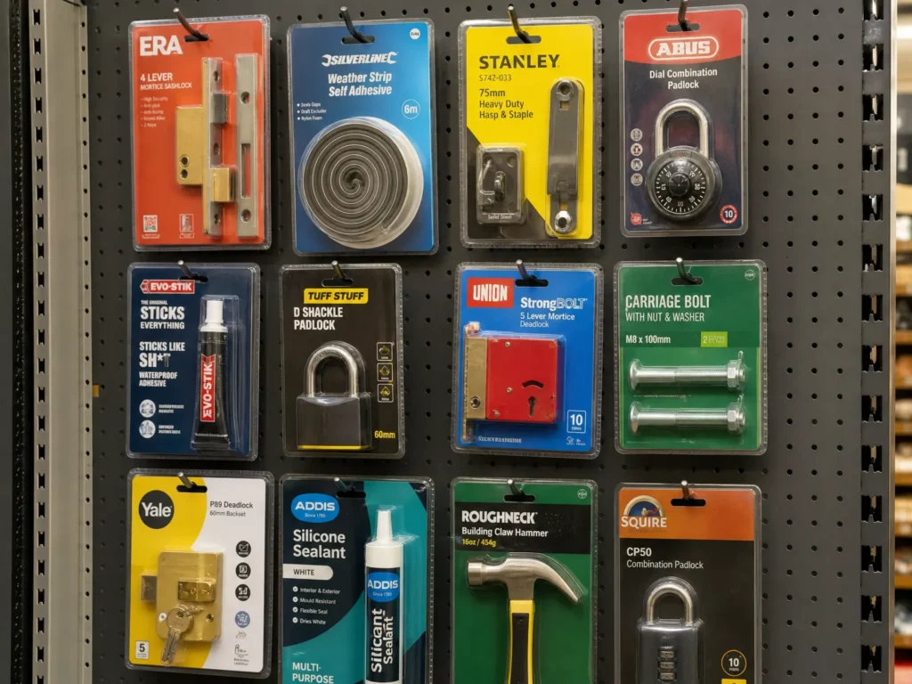 Retail pegboard blister pack display twelve products branded backing cards hardware store UK | Wabs Print
