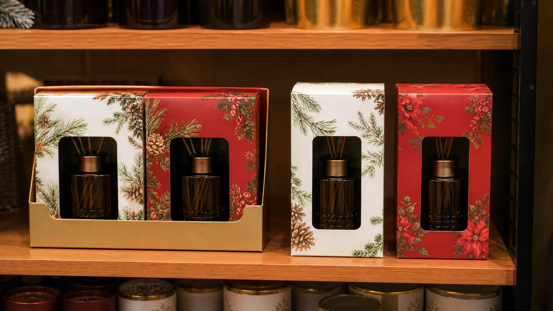"Tray and sleeve retail box with two seasonal sleeve designs alongside standard folding carton retail packaging UK 2026 | Wabs Print