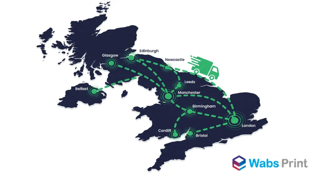 Wabs Print UK packaging delivery coverage map showing free delivery to Manchester, Leeds, Birmingham, Sheffield, Liverpool and all major cities across the North and Midlands of England