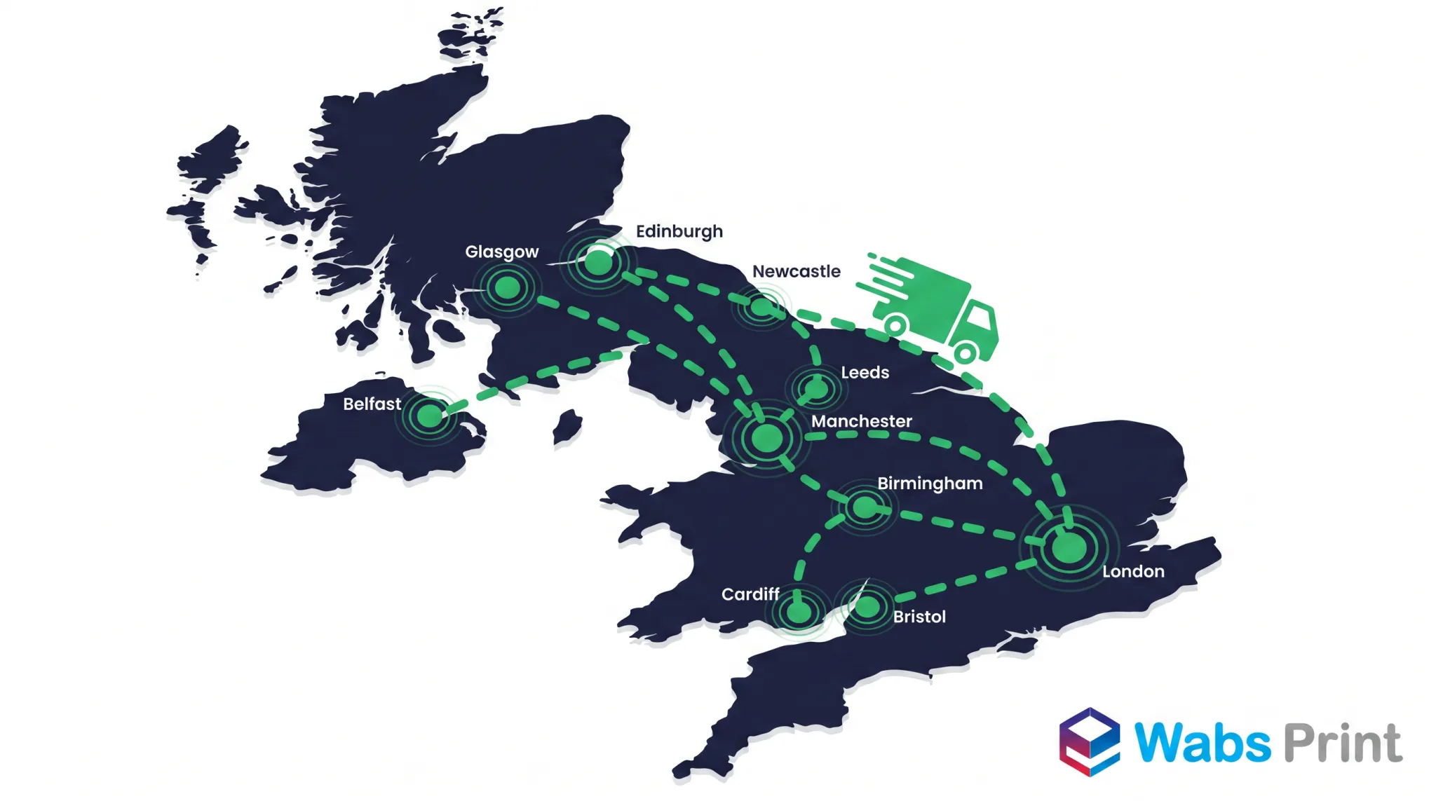 Wabs Print UK packaging delivery coverage map showing free delivery to Manchester, Leeds, Birmingham, Sheffield, Liverpool and all major cities across the North and Midlands of England