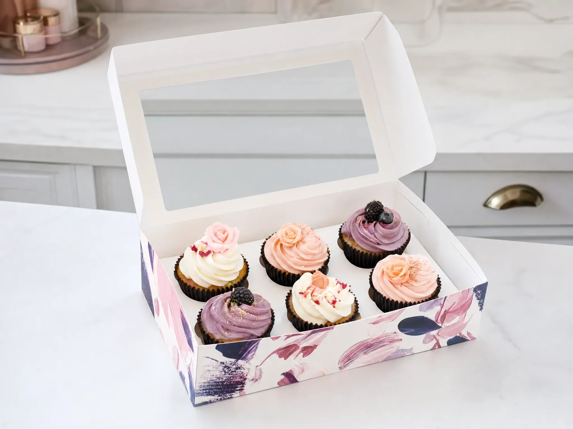 6-cavity cupcake box windowed lid open frosted cupcakes custom cupcake boxes UK precision insert | Wabs Print