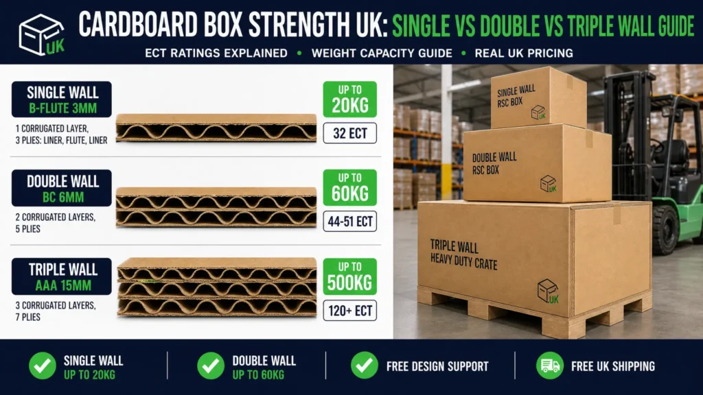 Split-screen cardboard box strength comparison showing single wall B-flute 3mm, double wall BC 6mm, and triple wall 15mm cross-sections with weight capacity callouts and three boxes in a warehouse setting | Wabs Print