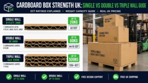 Split-screen cardboard box strength comparison showing single wall B-flute 3mm, double wall BC 6mm, and triple wall 15mm cross-sections with weight capacity callouts and three boxes in a warehouse setting | Wabs Print