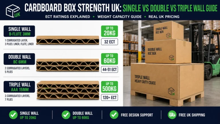 Split-screen cardboard box strength comparison showing single wall B-flute 3mm, double wall BC 6mm, and triple wall 15mm cross-sections with weight capacity callouts and three boxes in a warehouse setting | Wabs Print