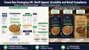 Split-screen featured image showing on the left a cereal box die-line with compliance zones marked for nutrition panel allergen text GS1 barcode and OPRL label positioning, and a 350gsm vs 400gsm board bowing comparison, and on the right three cereal box formats on a retail shelf including standard SBS, family size 400gsm, and kraft eco box. Top banner reads Cereal Box Packaging UK Shelf Appeal Durability and Retail Compliance. Bottom badges: Nutritional Table and Allergen Layout Included Free, From £0.49 Per Box at Volume, Free Design Support and Free UK Shipping. Wabs Print
