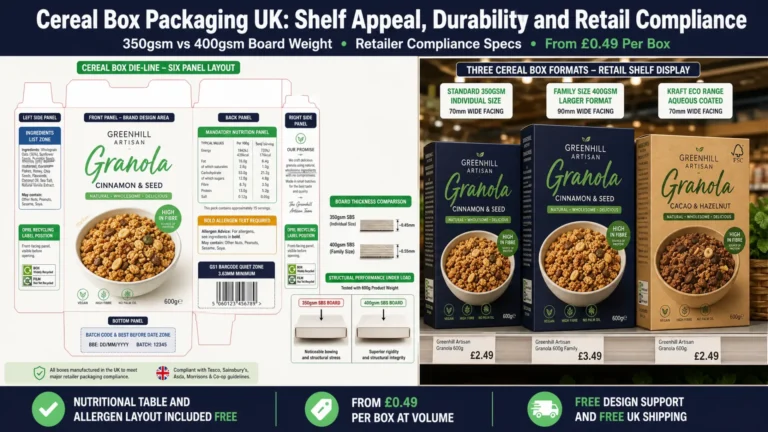 Split-screen featured image showing on the left a cereal box die-line with compliance zones marked for nutrition panel allergen text GS1 barcode and OPRL label positioning, and a 350gsm vs 400gsm board bowing comparison, and on the right three cereal box formats on a retail shelf including standard SBS, family size 400gsm, and kraft eco box. Top banner reads Cereal Box Packaging UK Shelf Appeal Durability and Retail Compliance. Bottom badges: Nutritional Table and Allergen Layout Included Free, From £0.49 Per Box at Volume, Free Design Support and Free UK Shipping. Wabs Print