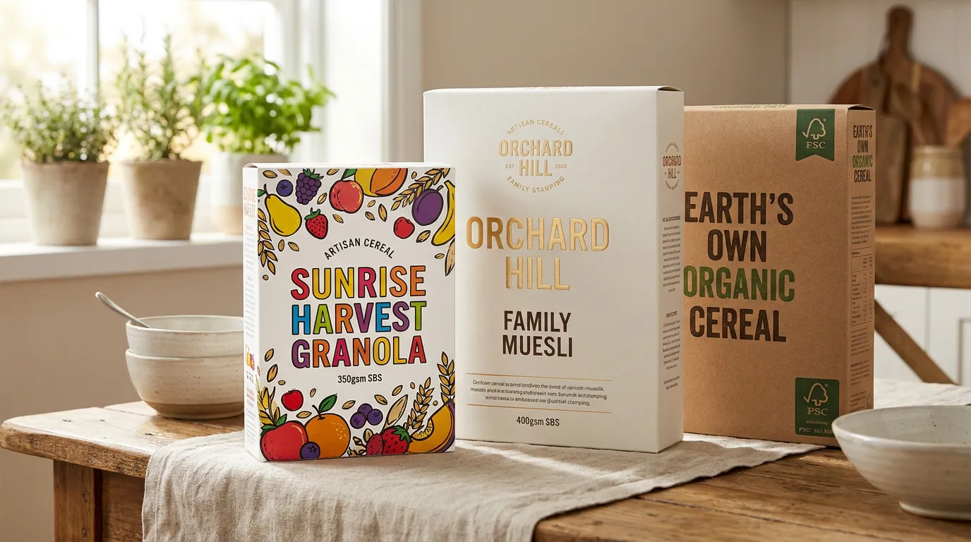 Three cereal box formats artisan granola family size muesli kraft eco custom cereal boxes UK lifestyle | Wabs Print