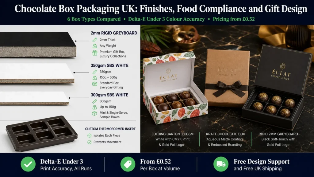 Split-screen featured image showing on the left three chocolate box board grade cross-sections labelled 300gsm SBS up to 150g, 350gsm SBS 150 to 500g, and 2mm rigid greyboard premium with a chocolate insert tray diagram below, and on the right three chocolate boxes on dark marble including a CMYK folding carton with pralines, a kraft box with ribbon, and a rigid soft-touch gold foil box with truffles. Top banner reads Chocolate Box Packaging UK Finishes Food Compliance and Gift Design. Bottom badges: Delta-E Under 3 Print Accuracy All Runs, From £0.52 Per Box at Volume, Free Design Support and Free UK Shipping. Wabs Print
