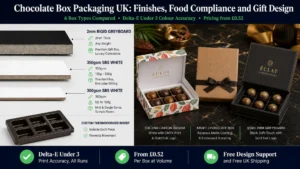 Split-screen featured image showing on the left three chocolate box board grade cross-sections labelled 300gsm SBS up to 150g, 350gsm SBS 150 to 500g, and 2mm rigid greyboard premium with a chocolate insert tray diagram below, and on the right three chocolate boxes on dark marble including a CMYK folding carton with pralines, a kraft box with ribbon, and a rigid soft-touch gold foil box with truffles. Top banner reads Chocolate Box Packaging UK Finishes Food Compliance and Gift Design. Bottom badges: Delta-E Under 3 Print Accuracy All Runs, From £0.52 Per Box at Volume, Free Design Support and Free UK Shipping. Wabs Print