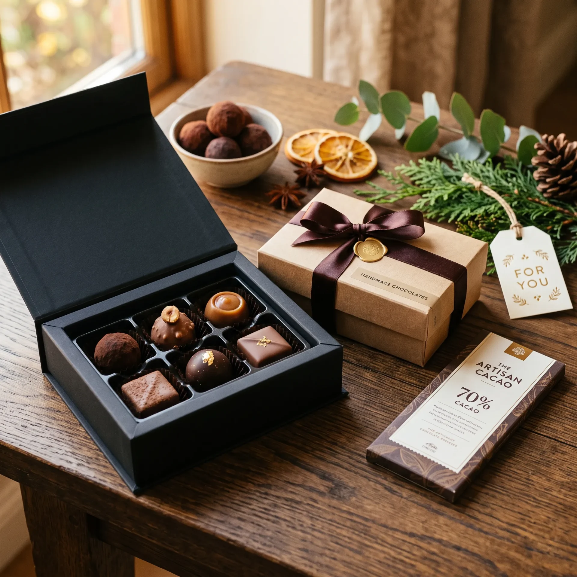 Chocolate gift box lifestyle premium rigid kraft ballotin custom chocolate boxes UK gifting | Wabs Print