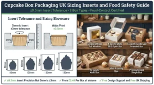 Cupcake box insert tolerance comparison 0.5mm precision vs 3mm generic with six box types on bakery counter custom cupcake boxes UK | Wabs Print