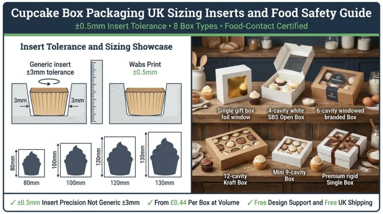 Cupcake box insert tolerance comparison 0.5mm precision vs 3mm generic with six box types on bakery counter custom cupcake boxes UK | Wabs Print