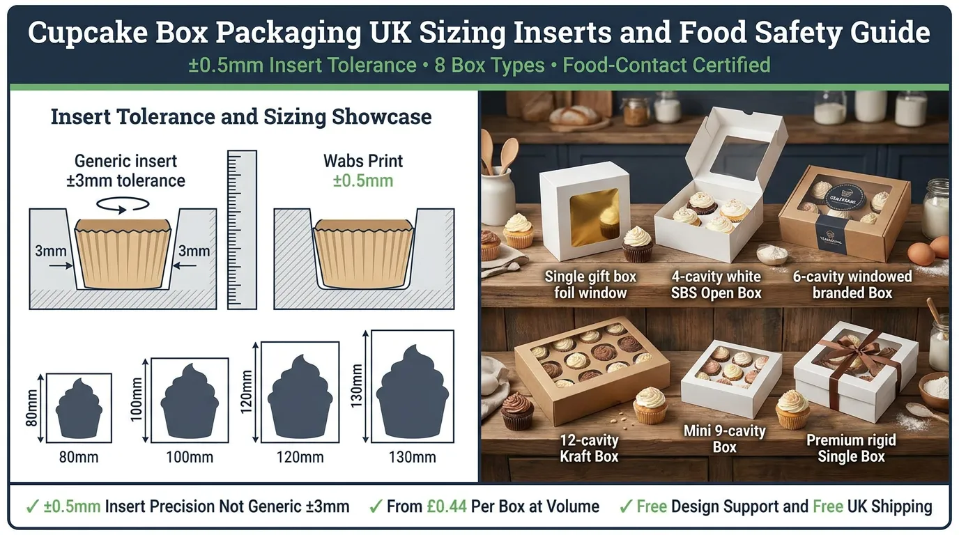 Cupcake box insert tolerance comparison 0.5mm precision vs 3mm generic with six box types on bakery counter custom cupcake boxes UK | Wabs Print