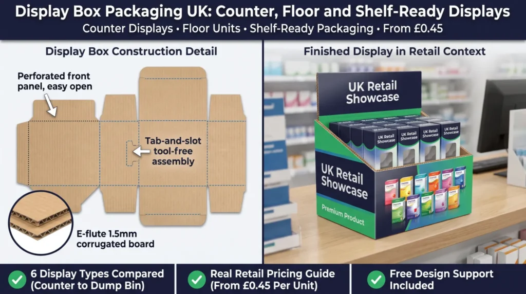 Split-screen featured image showing an unfolded E-flute counter display die-cut template on the left with callouts for the perforated front panel, tab-and-slot assembly, and 1.5mm corrugated layer, and on the right a fully assembled branded counter display box filled with twelve products on a pharmacy counter, with full colour CMYK print and gloss lamination. Top banner reads Display Box Packaging UK Counter Floor and Shelf-Ready Displays with subtitle Counter Displays, Floor Units, Shelf-Ready Packaging, From £0.45. Bottom badges: 6 Display Types Compared Counter to Dump Bin, Real Retail Pricing Guide From £0.45 Per Unit, Free Design Support Included. Wabs Print