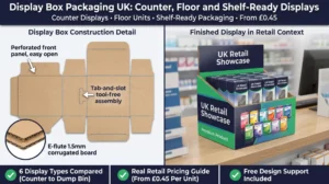 Split-screen featured image showing an unfolded E-flute counter display die-cut template on the left with callouts for the perforated front panel, tab-and-slot assembly, and 1.5mm corrugated layer, and on the right a fully assembled branded counter display box filled with twelve products on a pharmacy counter, with full colour CMYK print and gloss lamination. Top banner reads Display Box Packaging UK Counter Floor and Shelf-Ready Displays with subtitle Counter Displays, Floor Units, Shelf-Ready Packaging, From £0.45. Bottom badges: 6 Display Types Compared Counter to Dump Bin, Real Retail Pricing Guide From £0.45 Per Unit, Free Design Support Included. Wabs Print