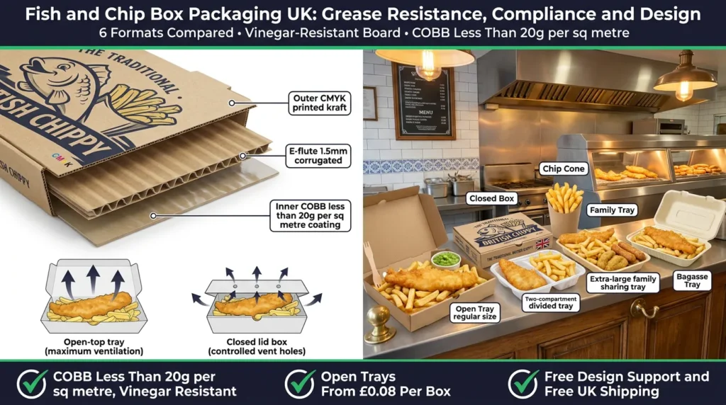 Split-screen featured image showing on the left a fish and chip open tray cross-section with callouts for the CMYK outer kraft surface, E-flute 1.5mm corrugated medium, and inner COBB less than 20g per square metre coating with an open tray vs closed lid ventilation comparison, and on the right a chip shop counter with six fish and chip box formats including open tray with fish and chips, closed lid box, cone, compartment tray, family sharing tray, and bagasse tray. Top banner reads Fish and Chip Box Packaging UK Grease Resistance Compliance and Design. Bottom badges: COBB Less Than 20g per sq metre Vinegar Resistant, Open Trays From £0.08 Per Box, Free Design Support and Free UK Shipping. Wabs Print