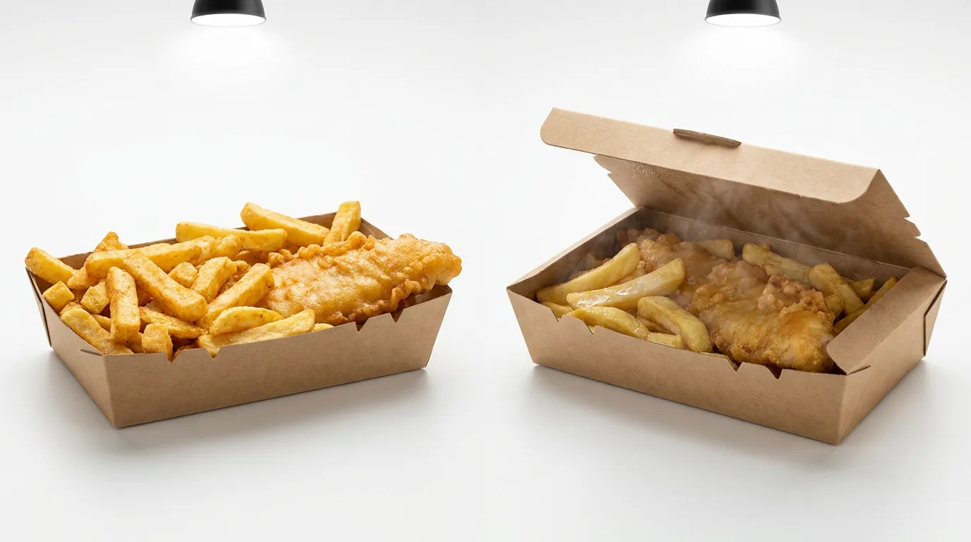 Fish and chip open tray vs closed lid ventilation comparison crispy chips custom fish and chip boxes UK | Wabs Print