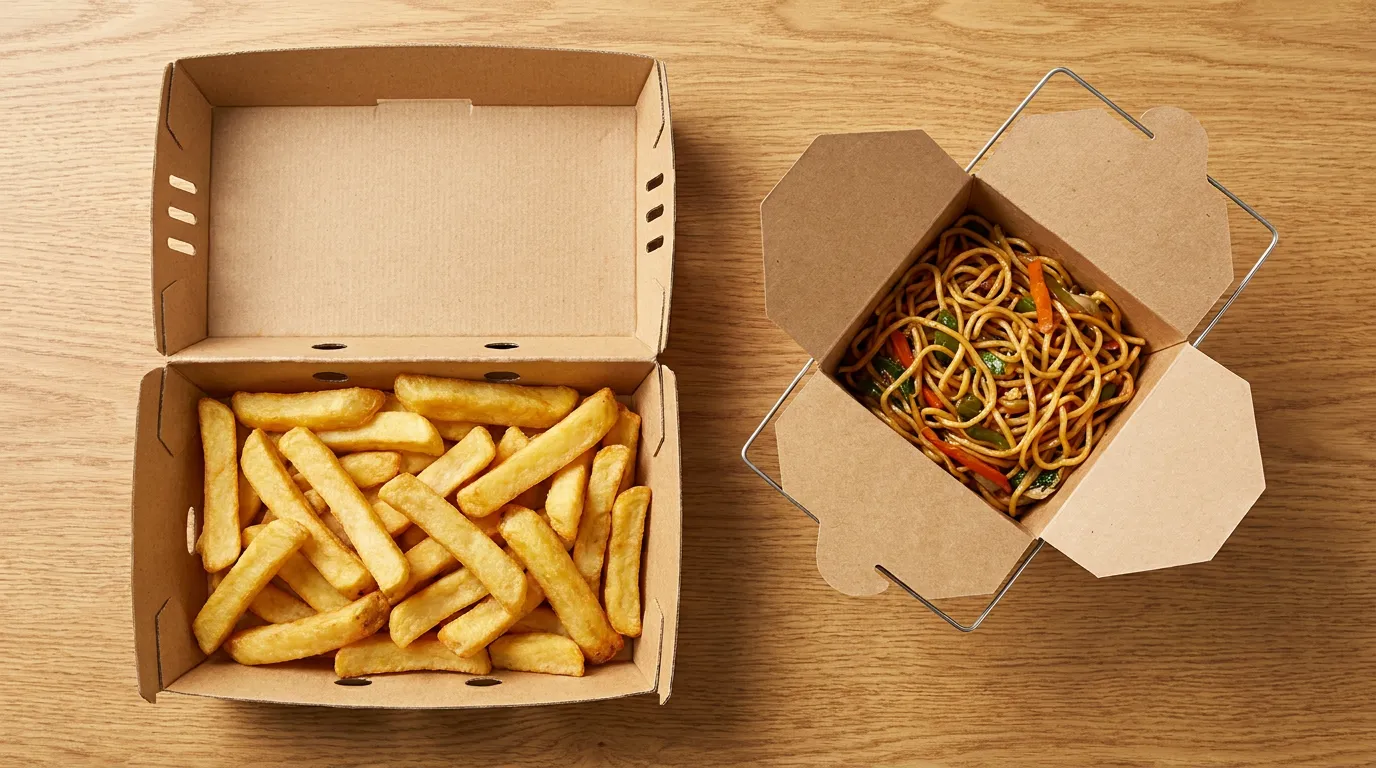 Fish and chip open tray vs noodle box with wire handle comparison custom takeaway boxes UK | Wabs Print