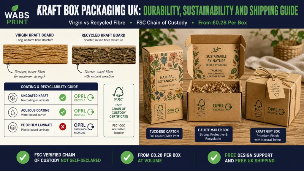 Kraft box packaging UK durability sustainability guide showing virgin vs recycled fibre comparison, coating recyclability chart, and three finished kraft box formats with FSC and OPRL labelling | Wabs Print