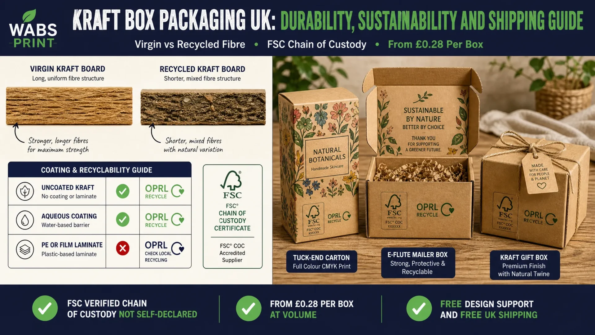 Kraft box packaging UK durability sustainability guide showing virgin vs recycled fibre comparison, coating recyclability chart, and three finished kraft box formats with FSC and OPRL labelling | Wabs Print
