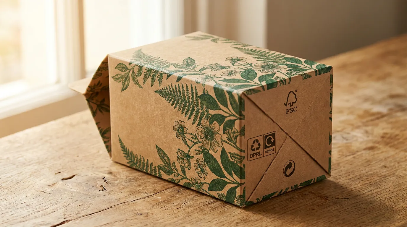 Kraft tuck-end carton FSC certified OPRL label botanical CMYK print custom kraft boxes UK | Wabs Print