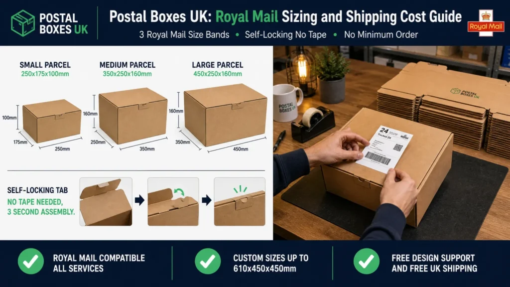Postal boxes UK Royal Mail sizing guide showing three size bands Small Medium and Large Parcel with self-locking tab diagram, alongside a packing bench scene with box assembly and shipping label | Wabs Print