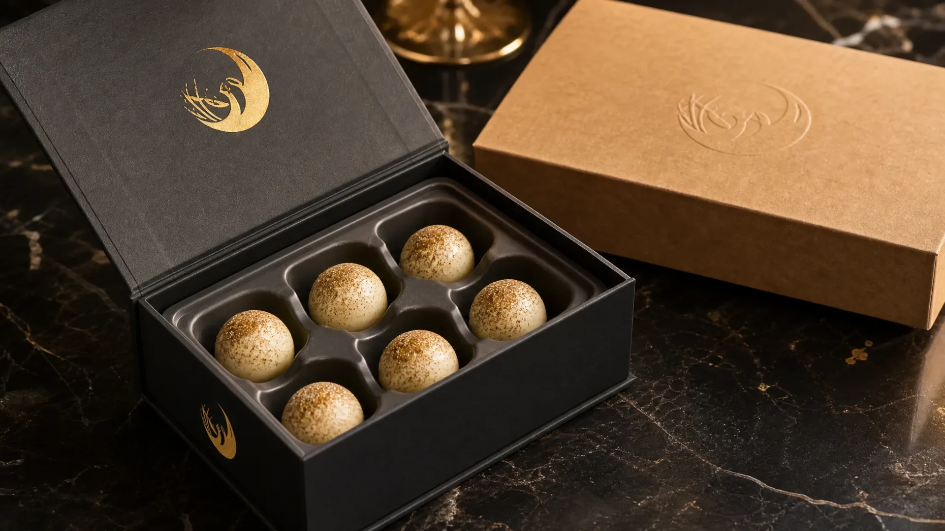 Rigid chocolate gift box soft-touch gold foil open with truffles thermoformed insert custom chocolate boxes UK luxury | Wabs Print