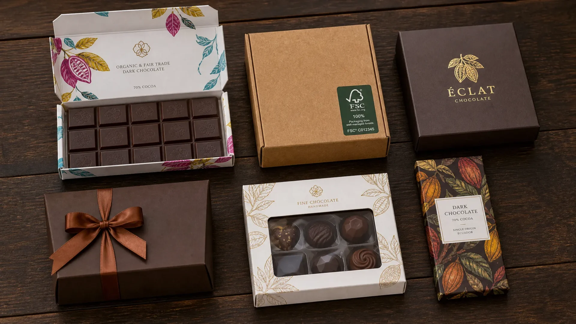 Six chocolate box types comparison overhead folding carton kraft rigid ballotin windowed bar sleeve custom chocolate boxes UK | Wabs Print