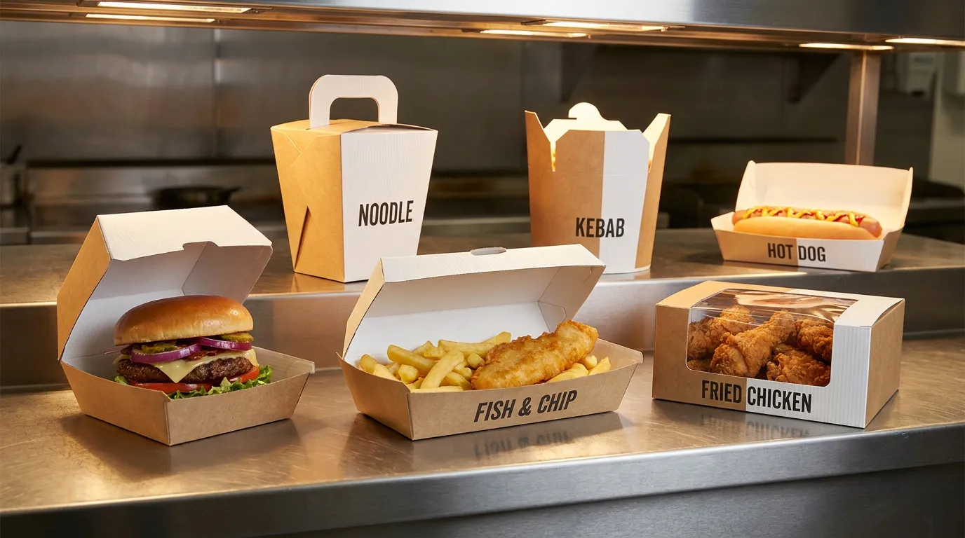 Six takeaway box types burger fish chip fried chicken noodle kebab hot dog custom takeaway boxes UK | Wabs Print