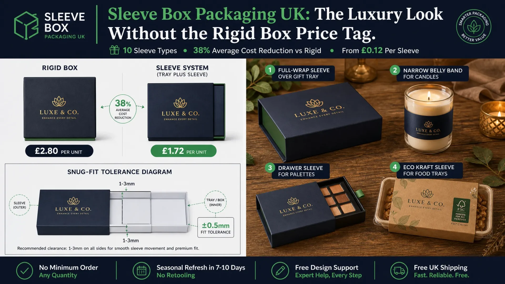 Sleeve box packaging UK split-screen showing rigid box vs sleeve system price comparison and snug-fit tolerance diagram alongside four sleeve box types including full-wrap, belly band, drawer sleeve, and kraft eco sleeve on a wooden surface | Wabs Print