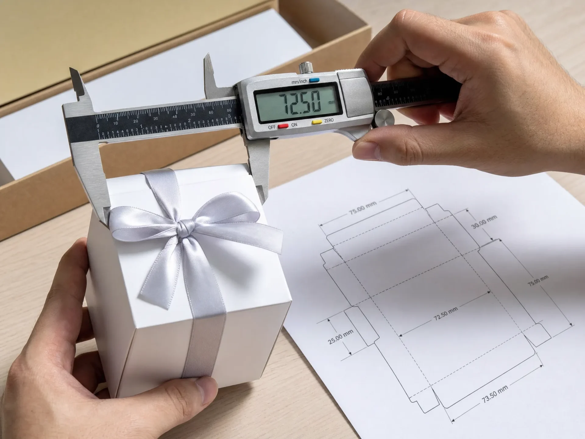 Measuring cardboard box for sleeve fit calliper dieline template custom sleeve boxes UK | Wabs Print