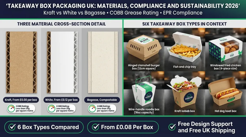 Split-screen featured image showing on the left three takeaway box board material cross-sections labelled Kraft From £0.08 per box, White From £0.12 per box, and Bagasse Compostable with COBB less than 25g per square metre callout, and on the right six takeaway box formats in a 2x3 grid showing burger box, fish and chip tray, fried chicken box, noodle box, kebab box, and hot dog box on a kitchen surface. Top banner reads Takeaway Box Packaging UK Materials Compliance and Sustainability 2026. Bottom badges: 6 Box Types Compared, From £0.08 Per Box, Free Design Support and Free UK Shipping. Wabs Print