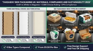 Split-screen featured image showing on the left three takeaway box board material cross-sections labelled Kraft From £0.08 per box, White From £0.12 per box, and Bagasse Compostable with COBB less than 25g per square metre callout, and on the right six takeaway box formats in a 2x3 grid showing burger box, fish and chip tray, fried chicken box, noodle box, kebab box, and hot dog box on a kitchen surface. Top banner reads Takeaway Box Packaging UK Materials Compliance and Sustainability 2026. Bottom badges: 6 Box Types Compared, From £0.08 Per Box, Free Design Support and Free UK Shipping. Wabs Print