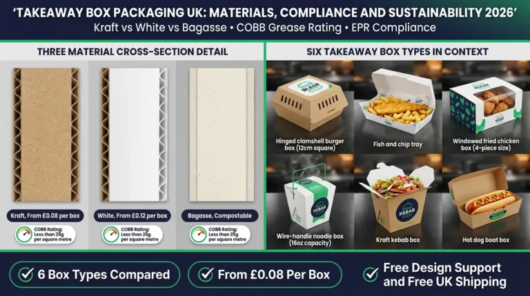 Split-screen featured image showing on the left three takeaway box board material cross-sections labelled Kraft From £0.08 per box, White From £0.12 per box, and Bagasse Compostable with COBB less than 25g per square metre callout, and on the right six takeaway box formats in a 2x3 grid showing burger box, fish and chip tray, fried chicken box, noodle box, kebab box, and hot dog box on a kitchen surface. Top banner reads Takeaway Box Packaging UK Materials Compliance and Sustainability 2026. Bottom badges: 6 Box Types Compared, From £0.08 Per Box, Free Design Support and Free UK Shipping. Wabs Print