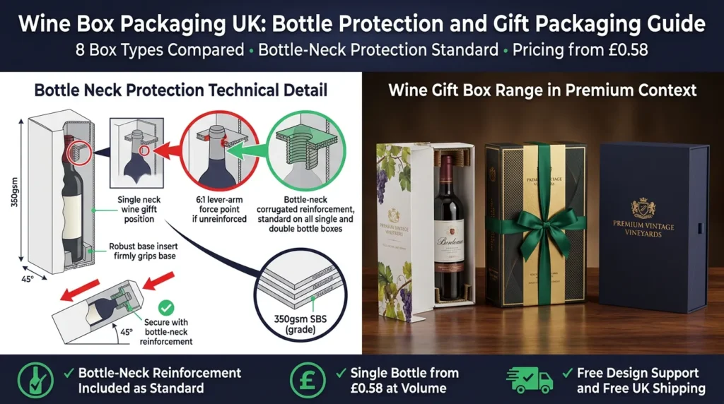 Split-screen featured image showing on the left a wine gift box cross-section with corrugated bottle-neck reinforcement insert at the 6:1 lever-arm force point and a tipped box diagram showing the insert holding the bottle secure, and on the right three premium wine gift boxes including single bottle SBS with gold foil, double bottle with ribbon closure, and a 2mm rigid luxury box with soft-touch and magnetic closure on a wooden surface. Top banner reads Wine Box Packaging UK Bottle Protection and Gift Packaging Guide. Bottom badges: Bottle-Neck Reinforcement Included as Standard, Single Bottle from £0.58 at Volume, Free Design Support and Free UK Shipping. Wabs Print