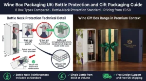 Split-screen featured image showing on the left a wine gift box cross-section with corrugated bottle-neck reinforcement insert at the 6:1 lever-arm force point and a tipped box diagram showing the insert holding the bottle secure, and on the right three premium wine gift boxes including single bottle SBS with gold foil, double bottle with ribbon closure, and a 2mm rigid luxury box with soft-touch and magnetic closure on a wooden surface. Top banner reads Wine Box Packaging UK Bottle Protection and Gift Packaging Guide. Bottom badges: Bottle-Neck Reinforcement Included as Standard, Single Bottle from £0.58 at Volume, Free Design Support and Free UK Shipping. Wabs Print