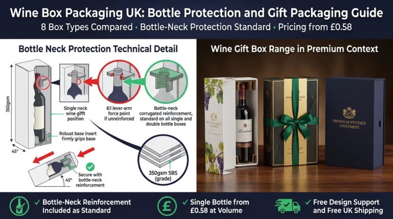 Split-screen featured image showing on the left a wine gift box cross-section with corrugated bottle-neck reinforcement insert at the 6:1 lever-arm force point and a tipped box diagram showing the insert holding the bottle secure, and on the right three premium wine gift boxes including single bottle SBS with gold foil, double bottle with ribbon closure, and a 2mm rigid luxury box with soft-touch and magnetic closure on a wooden surface. Top banner reads Wine Box Packaging UK Bottle Protection and Gift Packaging Guide. Bottom badges: Bottle-Neck Reinforcement Included as Standard, Single Bottle from £0.58 at Volume, Free Design Support and Free UK Shipping. Wabs Print