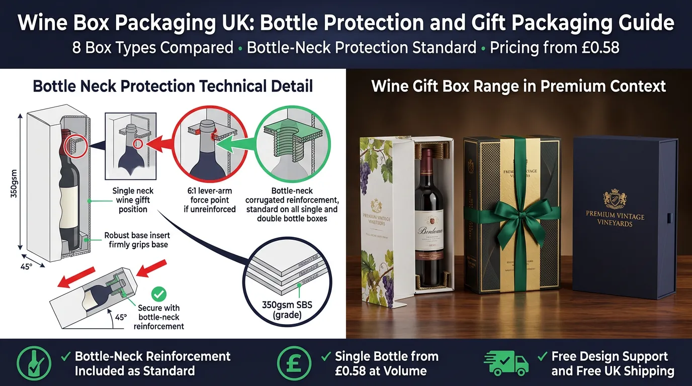 Split-screen featured image showing on the left a wine gift box cross-section with corrugated bottle-neck reinforcement insert at the 6:1 lever-arm force point and a tipped box diagram showing the insert holding the bottle secure, and on the right three premium wine gift boxes including single bottle SBS with gold foil, double bottle with ribbon closure, and a 2mm rigid luxury box with soft-touch and magnetic closure on a wooden surface. Top banner reads Wine Box Packaging UK Bottle Protection and Gift Packaging Guide. Bottom badges: Bottle-Neck Reinforcement Included as Standard, Single Bottle from £0.58 at Volume, Free Design Support and Free UK Shipping. Wabs Print