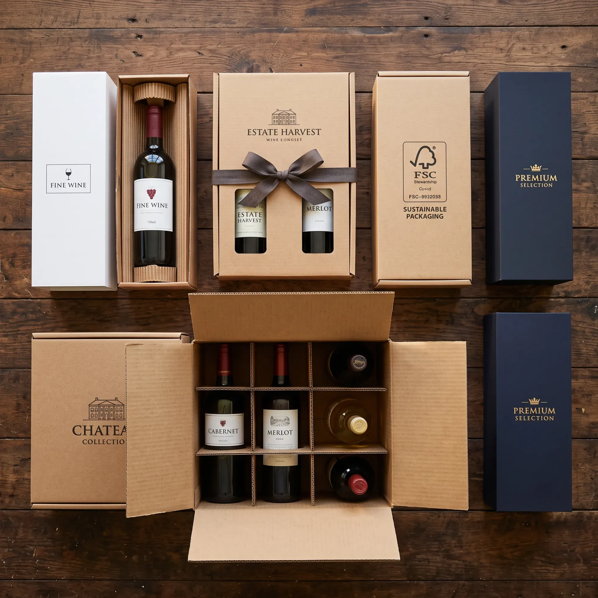 Five wine box types comparison overhead single bottle double kraft corrugated 6-bottle rigid custom wine boxes UK | Wabs Print