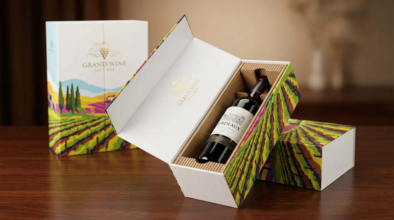 Wine gift box single bottle open showing corrugated neck insert custom wine boxes UK premium | Wabs Print