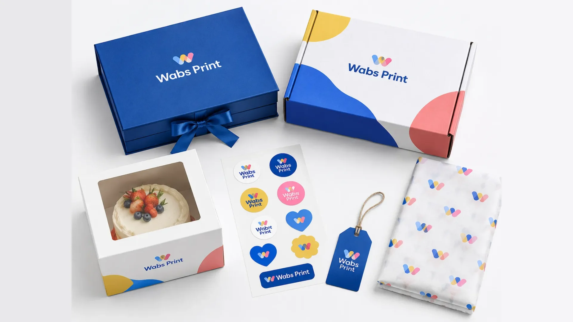 Wabs Print full product range flat lay rigid box mailer box food box stickers swing tag greaseproof sheet custom packaging boxes UK | Wabs Print
